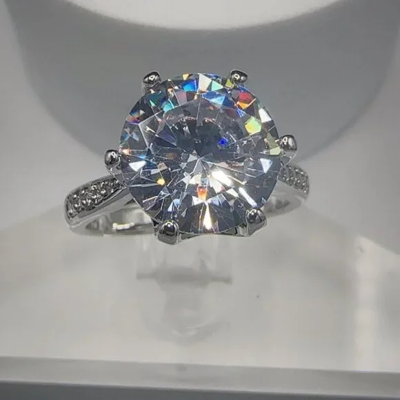 Round Cut Simulated Diamond Engagement Ring With Pave Band In Silver Tone 1 Ct - Picture 3 of 10